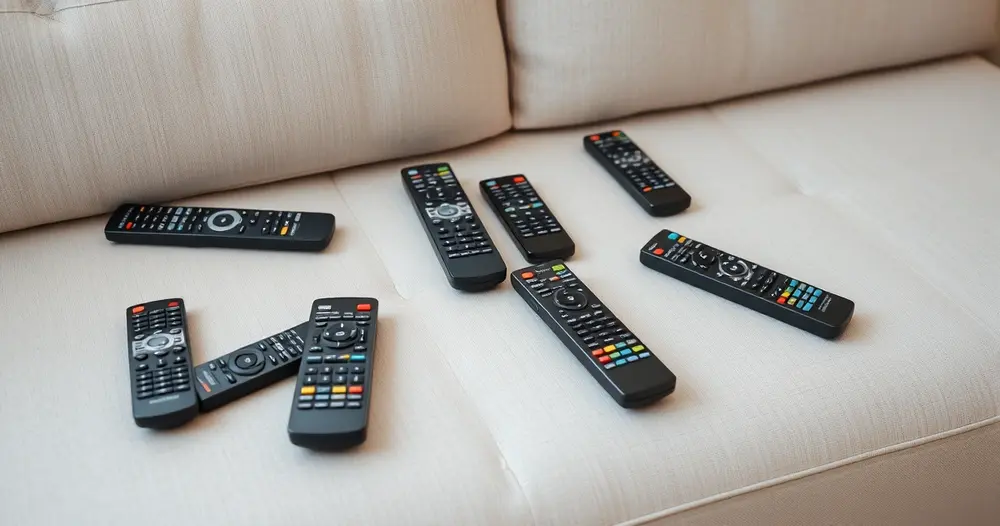 vários controles remotos de televisão espalhados sobre sofá cinza claro