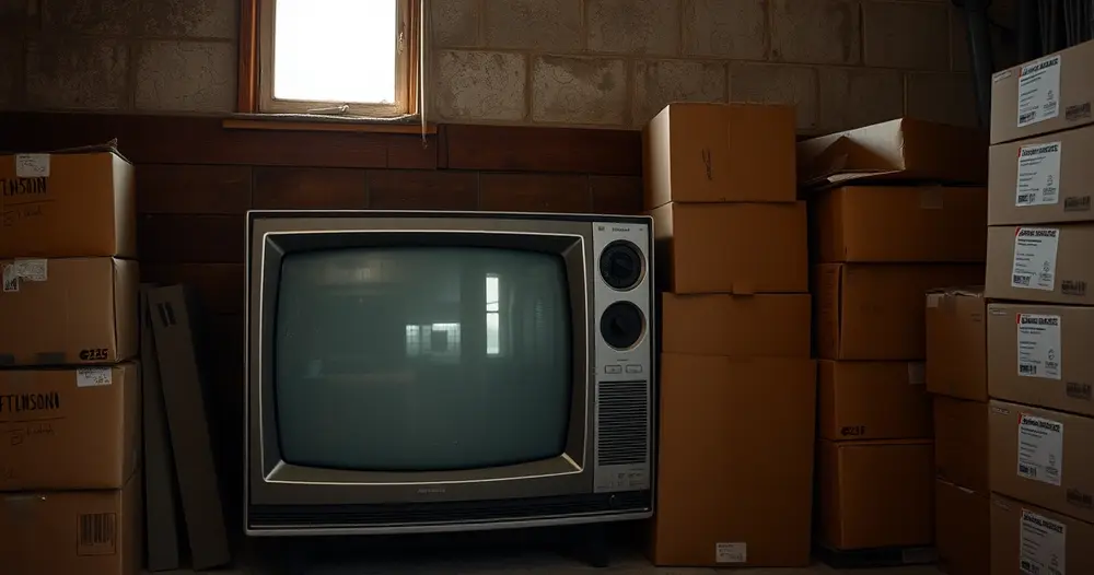 Aparelho de televisão antigo guardado em depósito ao lado de caixas de papelão