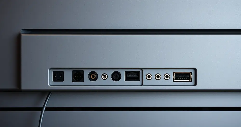 Parte traseira de uma televisão mostrando conexões e a área da etiqueta técnica