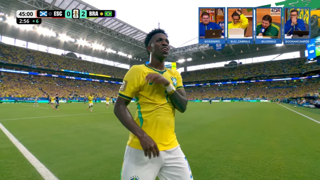 Vini Jr. marca de cabeça e amplia vantagem do Brasil sobre Escócia