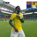 Vini Jr. marca de cabeça e amplia vantagem do Brasil sobre Escócia