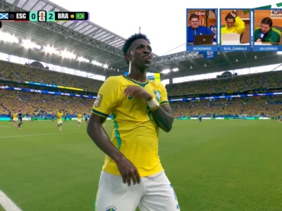 Vini Jr. marca de cabeça e amplia vantagem do Brasil sobre Escócia