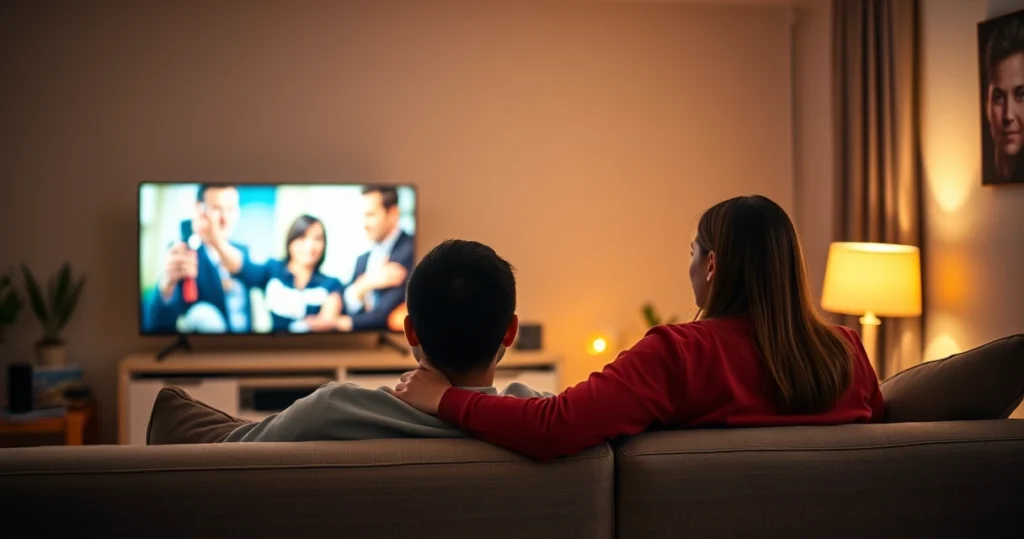 casal escolhendo filme na televisão da sala à noite
