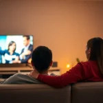 casal escolhendo filme na televisão da sala à noite