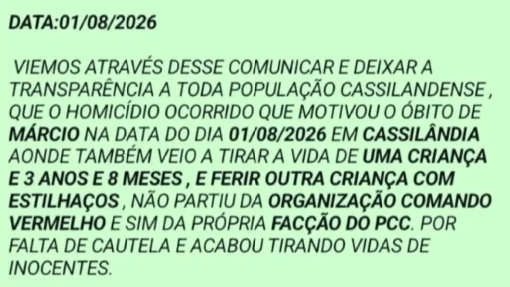 Comando Vermelho nega morte de criança e padrasto e culpa PCC